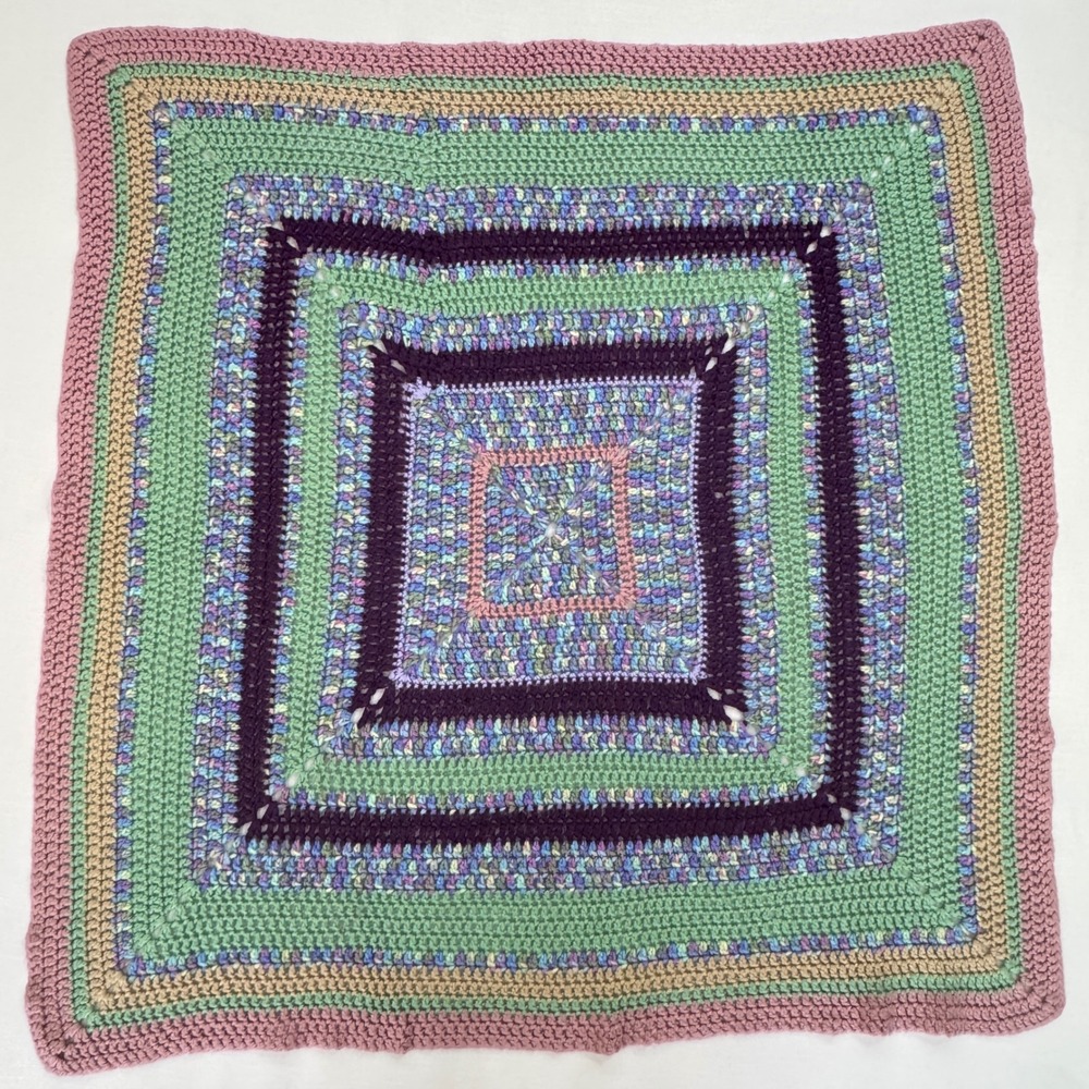 Handmade Crochet Baby Blanket Green Pink Purple Boho Granny Square 38x38